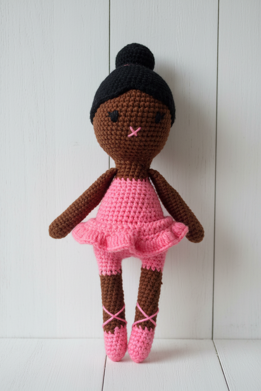 Ballerina doll against white wooden wall