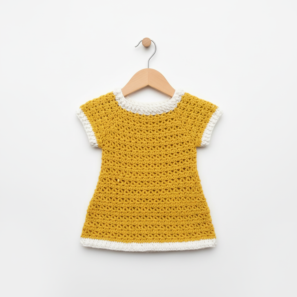 Crocheted dress on wooden hanger