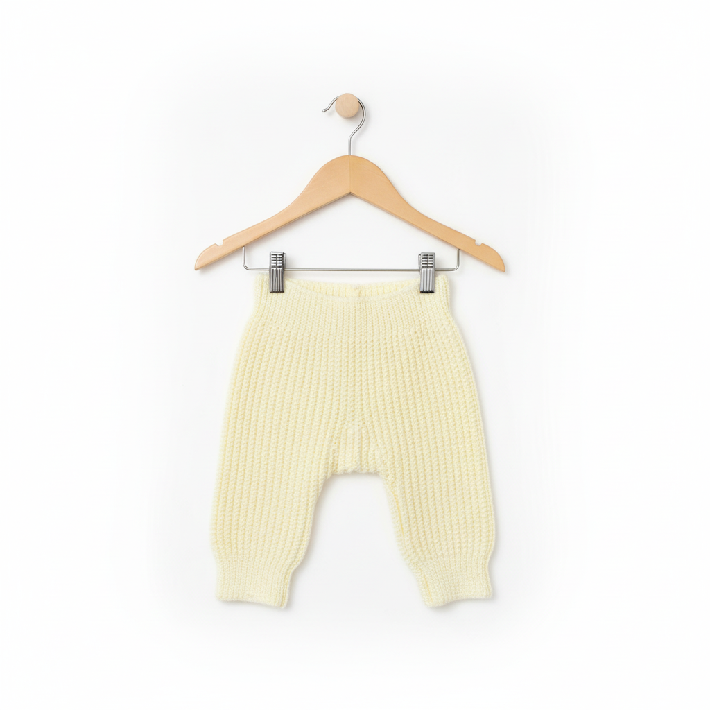 Knitted baby pants on beige hanger