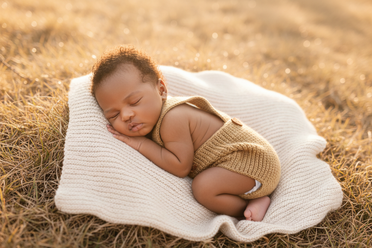 Beige Romper with light-skinned baby overhead view