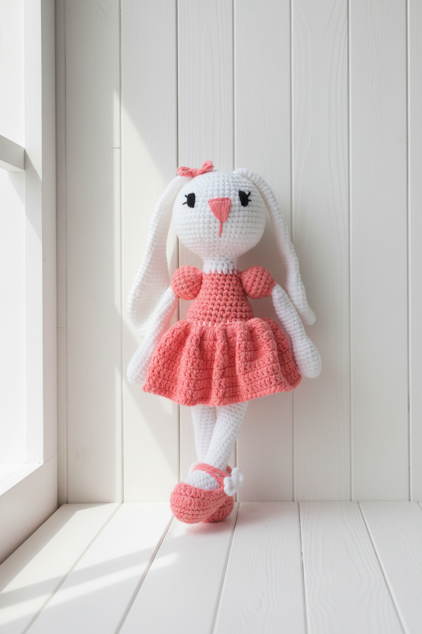 Coral Pink Bunny — White Wooden Wall