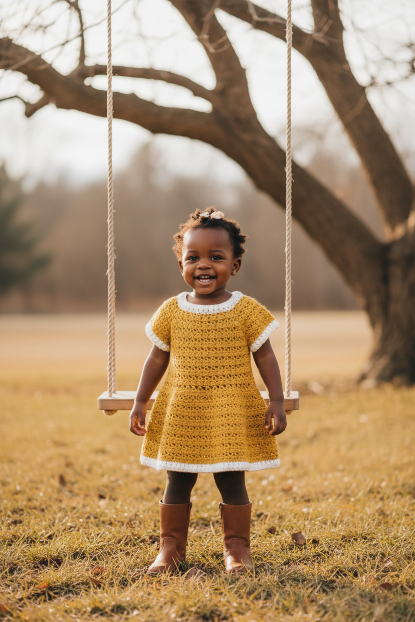 Crochet dress in winter setting with swing
