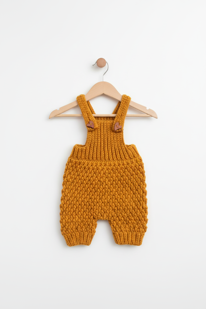 Crocheted baby romper on beige hanger