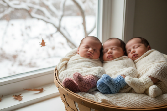 Cute socks on sleeping triplets in Moses basket