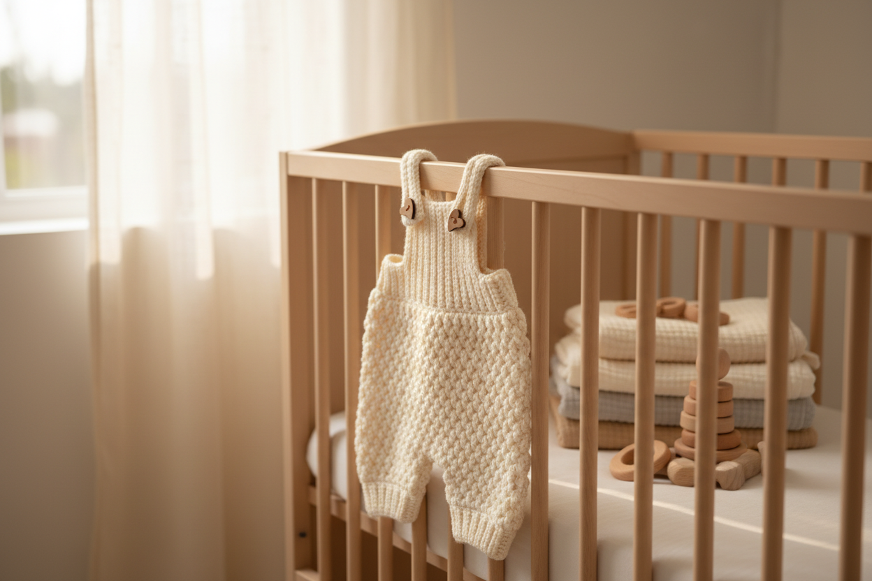 Ivory crocheted romper in nursery setting