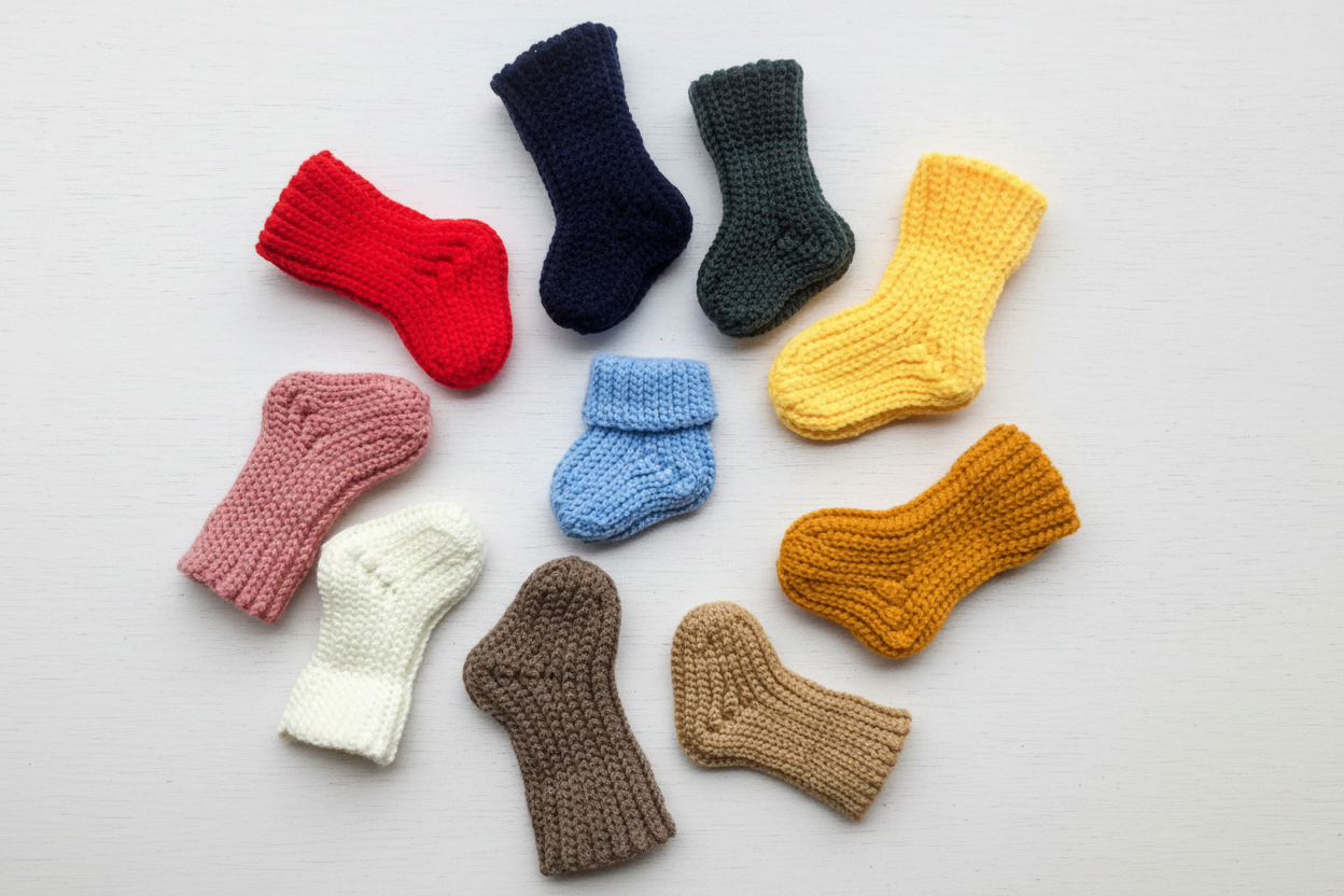 Knitted baby socks on white wooden background