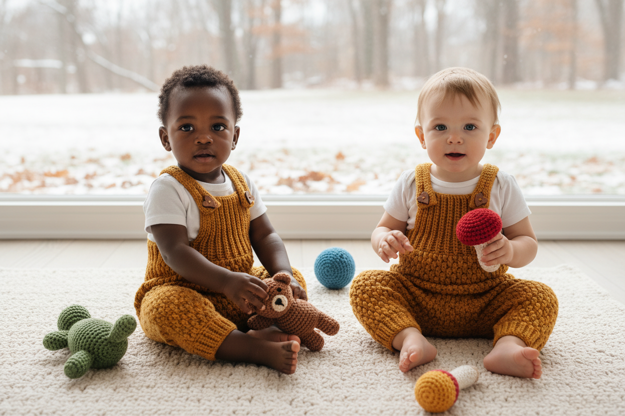 Thanda Romper with toddlers facing camera showing heart buttons