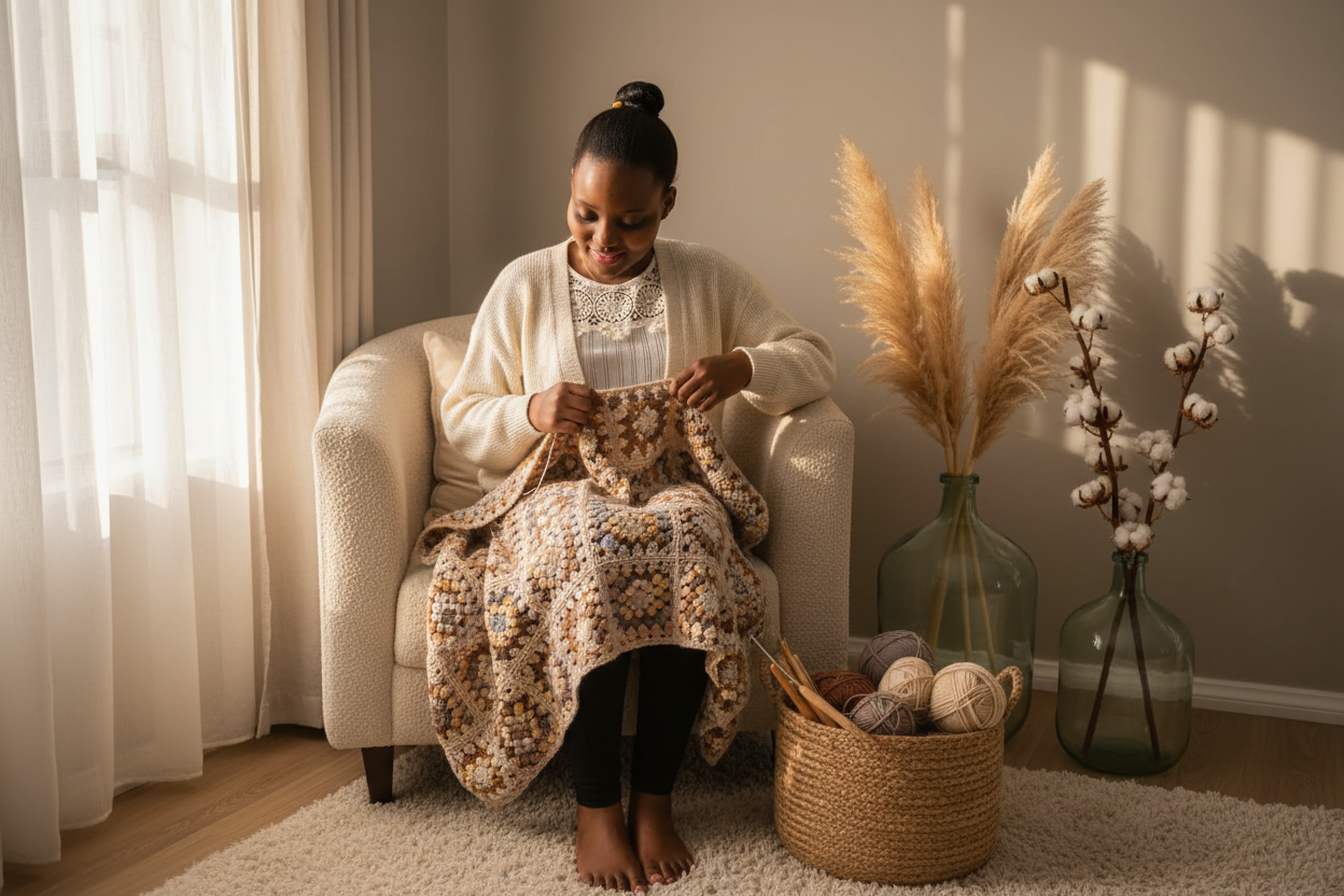 You with your crochet creations in a warm, dreamy setting